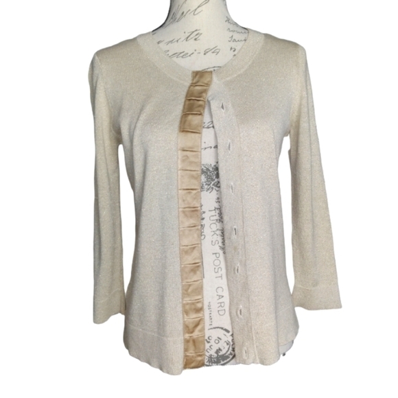 Ann Taylor  Merino Wool/Angora Blend Gold Shimmer and Satin Trim Cardigan - Picture 4 of 12